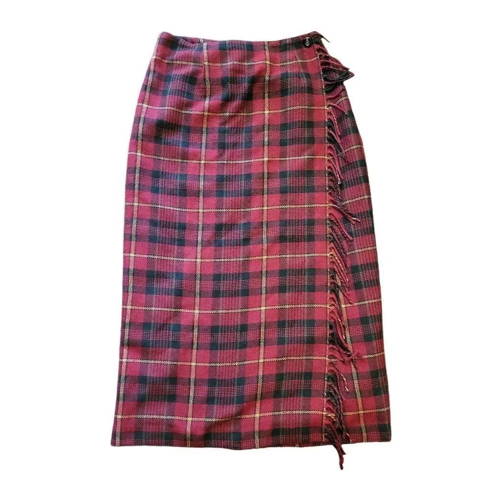 Vintage Requirements Skirt Women's 6 Red Plaid Wool Blend Blanket Maxi Fringe